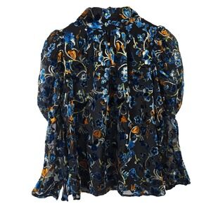 French Connection Avery Black Floral Velvet Burnout‎ Puff Sleeve Mock Neck Top L